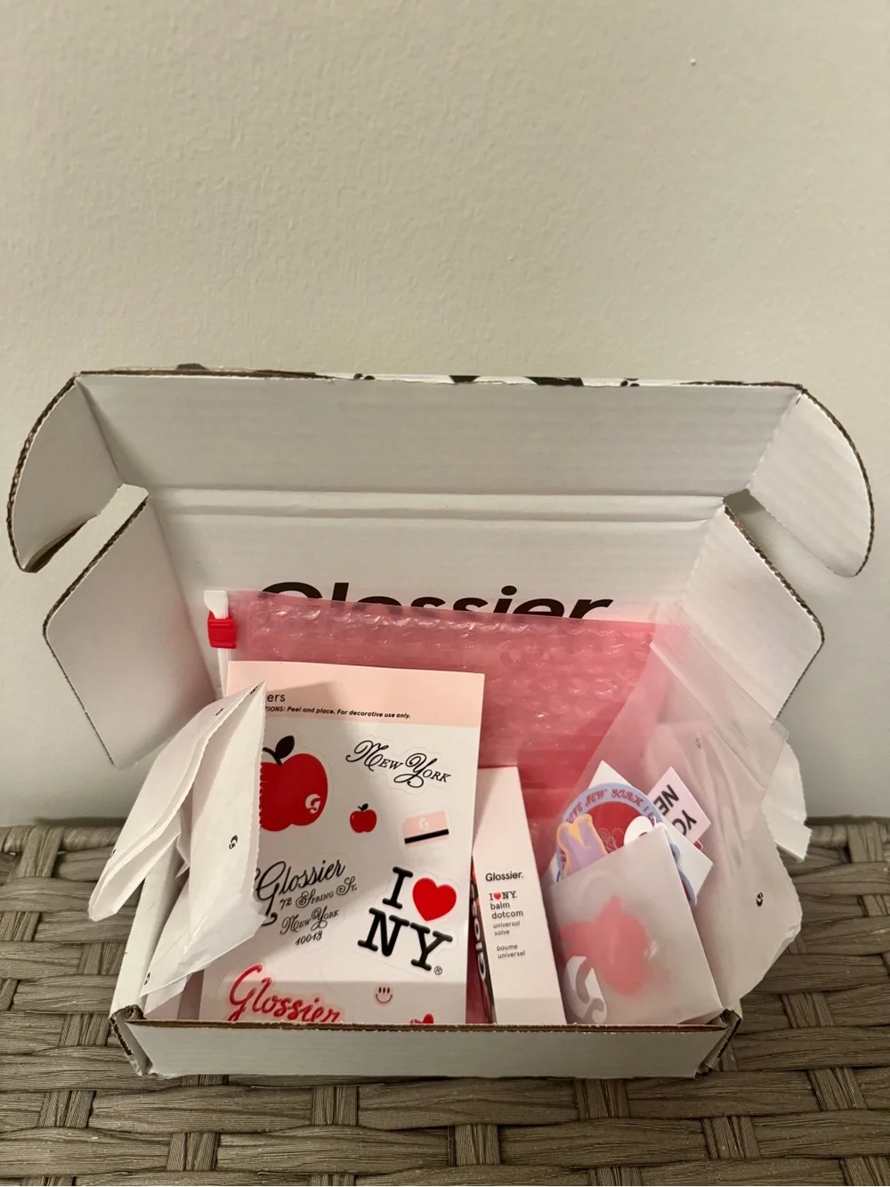 NIB GLOSSIER I Love NY Bundle: Apple Balm DotCom, Sticker Pack & Sheet, Keychain